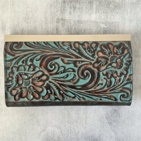 Patricia Nash Wallet Leather Framed Turquoise Cauchy Tooled - Picture 8 of 10